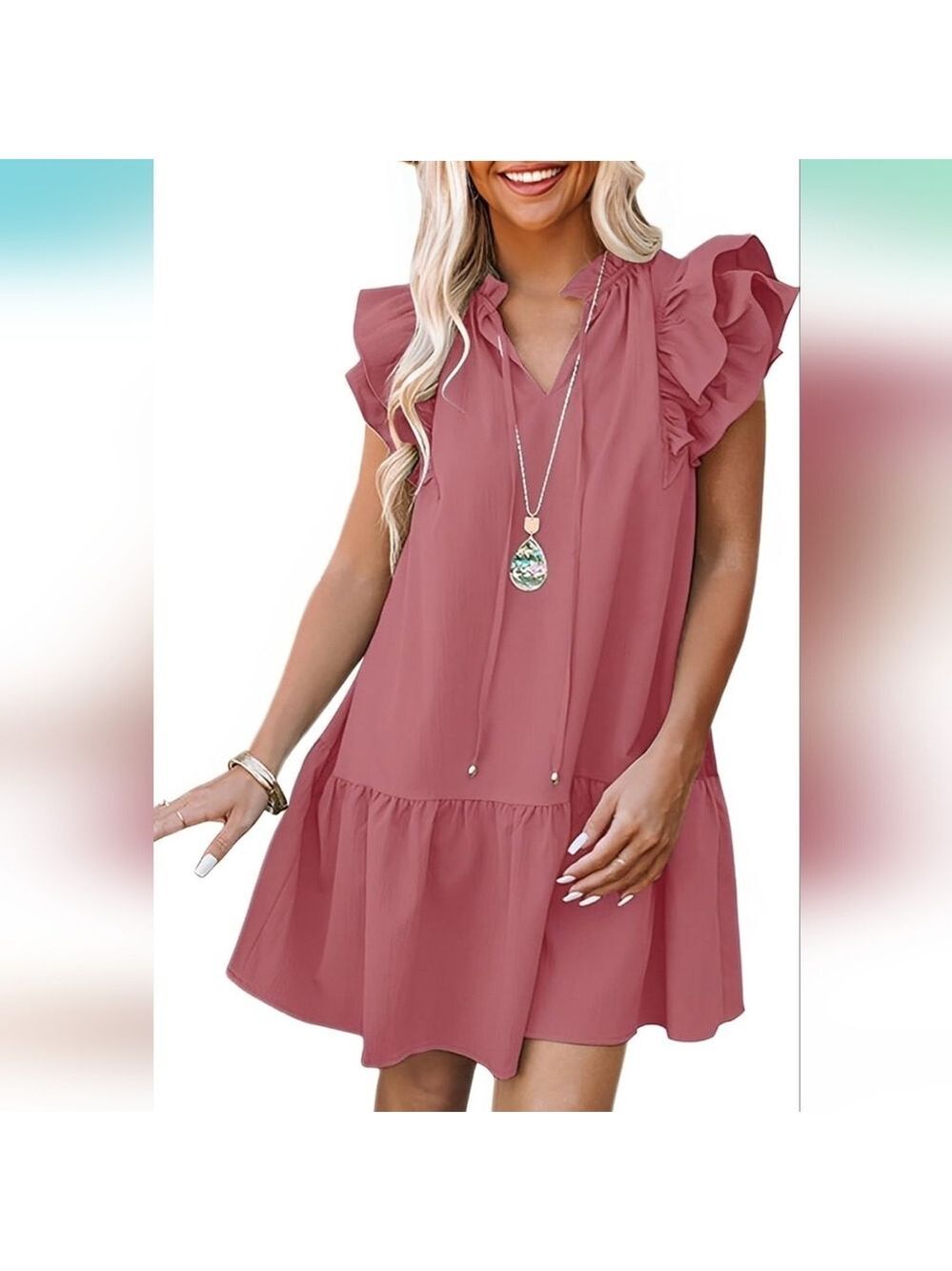 Dokotoo Womens Spring Summer V-Neck Drawstring Ruffle Cap Sleeve Mini Dress New